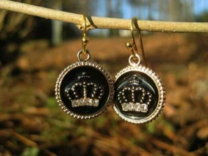 CROWN OF WEALTH EARRINGS BLACK enamel dangling crowns - Picture 1 of 3