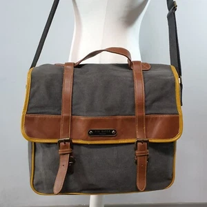 TED BAKER Briefcase Satchel Messenger Bag Crossbody Canvas Tan Leather Trim - Picture 1 of 24