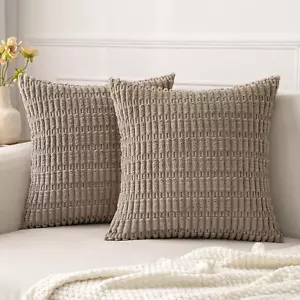 Pack of 2 Corduroy Decorative Throw Pillow Covers 18X18 Inch Soft Boho Striped P - Picture 1 of 12