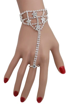 Bracciale Schiavo In Metallo Color Argento Con Anello Fiori Collegato Elegante - Immagine 1 di 4