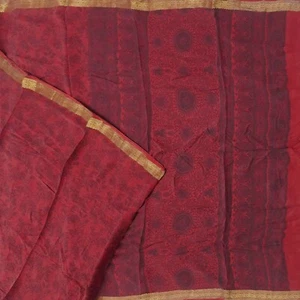 Vintage Red Sarees 100% Pure Crepe Silk Printed Zari Border Sari 5YD Soft Fabric - Picture 1 of 6
