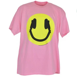 Smiley Happy Face Headphones Tshirt Music Shirt Graphic Tee Pink Mens Adult - Picture 1 of 5