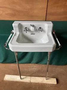 Vtg Mid Century White Porcelain Bath Sink Chrome legs Towel Bars Old Vtg 273-24E - Picture 1 of 17