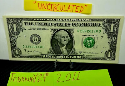 One Dollar Birthday Note February 24 2011. Uncirculated Fancy  Serial Number $1 - Image 1 of 4