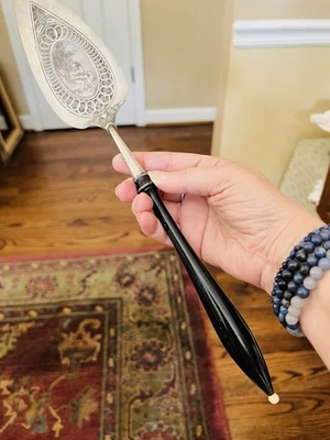 1800s Antique German Ornate fish server with black wood handle and cream tip 16” - Image 1 of 4