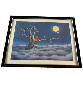 Disney Lithograph Print Winnie the Pooh Tree Night Sky Moon Black Frame - Picture 1 of 3