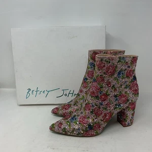 Betsey Johnson Cady Evening Booties Rhinestones Pink Floral Women's Size 7.5 - Picture 1 of 10