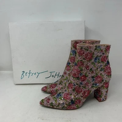 Betsey Johnson Cady Evening Booties Rhinestones Pink Floral Women's Size 7.5 - Image 1 of 4