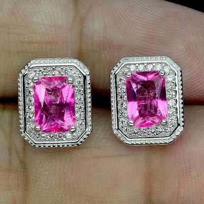 925 Sterling Silver Earrings Octagon Pink Topaz 7x5mm Natural Gemstone Jewelry - Image 1 of 4