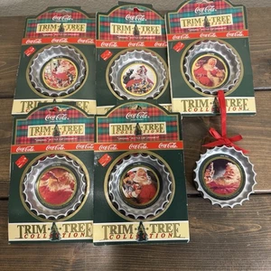 VTG 6 Coca Cola Christmas Santa Ornaments Trim A Tree Collection Coke Bottle Cap - Picture 1 of 6