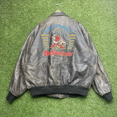 Vintage EXCELLED Leather Jacket Mens 2XL Budweiser Anheuser Busch Zip Riding 90s - Image 1 of 4