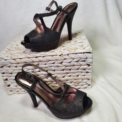 Fioni Night Black Glitter Strappy Stiletto Heels Open Toe Slingback Buckle Sz 6 - Image 1 of 4