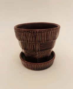 Vintage McCoy USA Brown Basketweave Pottery Planter/Flower Pot 5 inches tall VG - Picture 1 of 5