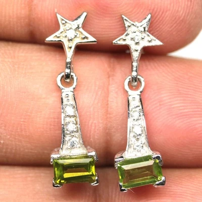 925 Sterling Silver 4 x 6 mm. Green Peridot & Cubic Zirconia Earrings White Gold - Image 1 of 4