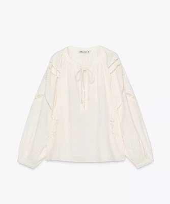 Zara Cream Embroidered Long Sleeves Oversized Shirt Size S 5107/053 RRP £ 45.99 - Image 1 of 4