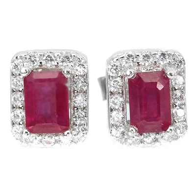 Orecchini in argento sterling 925 rubino ottagonale 6x4 mm zirconi pietre... - Immagine 1 di 4