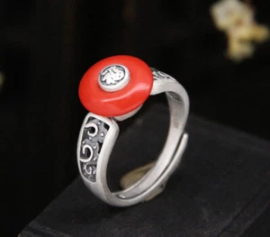 B25 Anello Motivo Onde con Rosso Agata Argento Fine 990 Regolabile - Foto 1 di 5