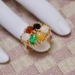 VINTAGE CIRCA 1970's 14K YELLOW GOLD HANDMADE MULTI COLOR JADE RING (size 8.5) - Picture 1 of 8
