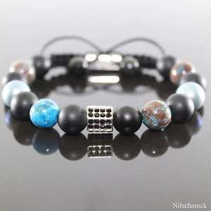 Damen Zirkonia Würfel Perlen blau Achat Armband Armreifen für Frauen - Bild 1 von 1