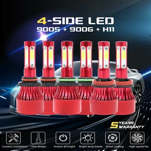 9005+9006+H11 6000K 990000LM Combo 4-Side COB LED Headlight Kits High Low Bulbs - Picture 1 of 12