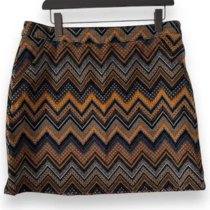 Corduroy Skirt Size 16 Blue Yellow Zig-Zag Stretch Knee Length Pockets TU - Picture 1 of 9