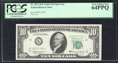 FR. 2017-K* 1963-A $10 *STAR* FRN FEDERAL RESERVE NOTE DALLAS, TX PCGS UNC-64PPQ - Image 1 of 2