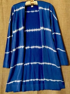 Chico's Sweater 0 Blue Tie Dye Prnt Slinky Knit Open Front Cardigan Duster Top - Picture 1 of 6