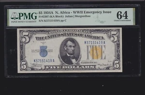 US 1934A $5 North Africa Provisional (KA Block) FR 2307 PMG 64 Ch CU (419) - Picture 1 of 2