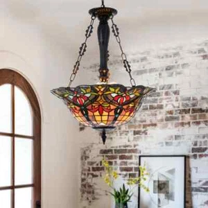 3-Light Tiffany Geometric Chandelier Semi Flush Mount Stained Glass Pendant Lamp - Picture 1 of 12