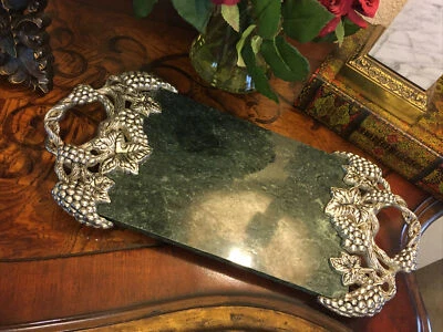 Godinger Spinach Green Jade Marble Serving/Cheese Tray S.P. Grapevine Handles. - Image 1 of 4