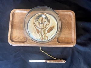 Vintage Käsetablett gutes Holz Weizen mit Glaskuppel und Holztablett - Bild 1 von 7