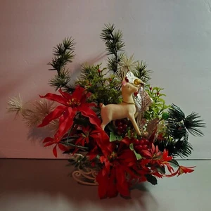 Vintage Table Top Christmas 15" Faux Holly Poinsettia Flocked Reindeer &Sleigh - Picture 1 of 10