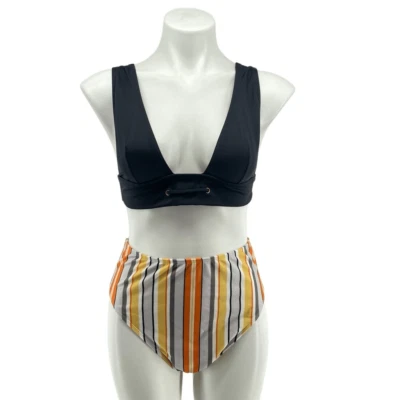 Parte inferior a rayas de cintura alta con bralette negro talla 8 de ASOS Swim Mix and Match Foto 1 de 4