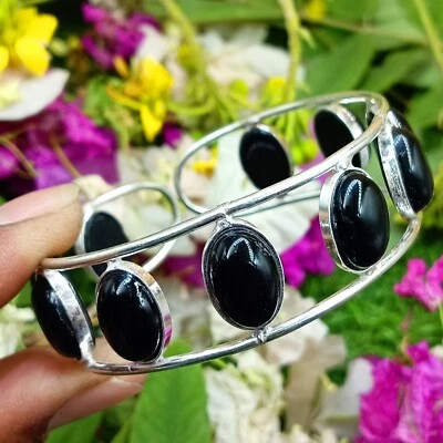 Модный регулируемый браслет-манжета из черного оникса с покрытием из стерлингового серебра 925 пробы - Изображение 1 из 4
