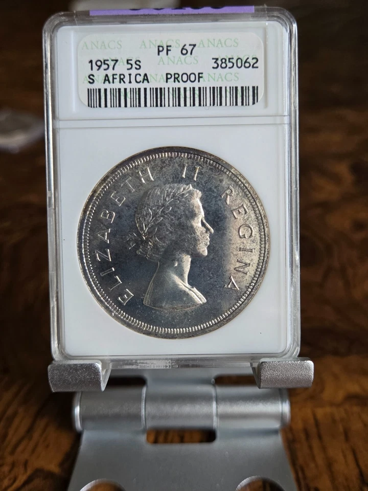 Sudáfrica 1957 plata 5 chelines ANACS PROOF 67 gema corona más baja eBay $ Foto 1 de 2
