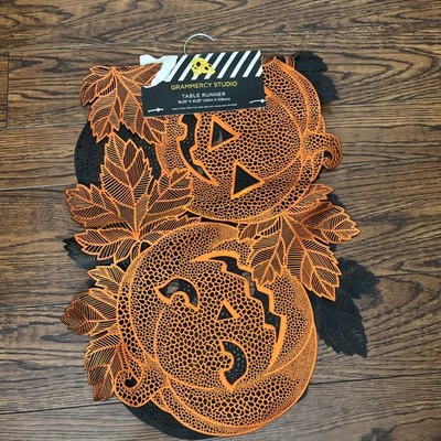 NWT Halloween Pumpkin Cut-Out Table Runner 16″ x 41″ Orange Vinyl Jack-O-Lanten - Image 1 of 3