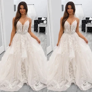 Spaghetti Straps Wedding Dresses Lace Applique Ruffled Sweep Train Bridal Gown - Picture 1 of 8