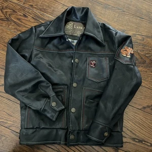Vintage Laika Polyurethan Kinder Leder schwarz Jacke Medium Tiger Patch - Bild 1 von 7