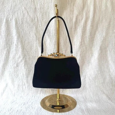 Bolso de Noche Vintage Magid Joyas Años 50 Negro Satinado Monedero Turquesa/Dorado Foto 1 de 4