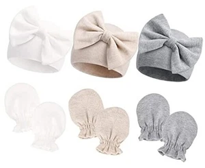 Newborn Hospital Hats Gloves Baby Infant Bow Beanie Cotton Caps No Scratch Hat - Picture 1 of 8