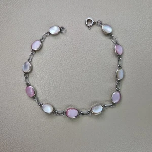 Sterling Silver Bracelet Thin Oval Link Inlay 19cm Delicate Mother Of Pearl Pink - Picture 1 of 10