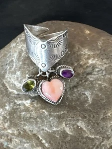 Heart Pink Conch Cluster Spiny Stamped Ring Adjustable Navajo Sz 7.5 19202 - Picture 1 of 13