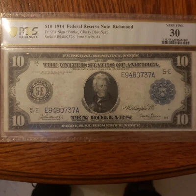 1914 $10 Federal Reserve Note VF 30 Burke/Glass FR 921 - Image 1 of 2