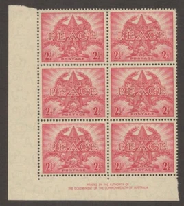 1946 Australia Peace 2 1/2d Red IMPRINT Block of 4 MUH Stamps - Picture 1 of 1