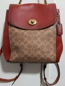 COACH Parker Convertible Backpack 18 Inch Leather Signature Canvas Brown & Brass - Picture 1 of 17