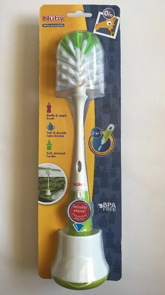 Cepillos para biberones y pezones Nuby 2 en 1 con soporte sin BPA rosa verde azul nuevos Foto 1 de 1