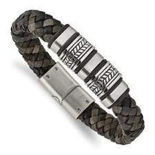 Stainless Steel Antiqued Brushed & Polished Leather with Silicone Bracelet 8.25"