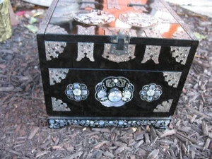Vtg Black Lacquer Wood Asian Stone Inlay Jewelry Box Chest Mirror w drawer - Picture 1 of 22
