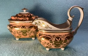 Early 19th.Century Derby China Cream & Sugar - Handpainted Salmon and Gold - Picture 1 of 16
