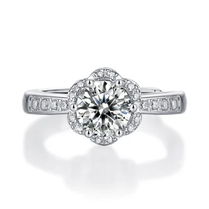 0.5-3CT Round Cut Moissanite Flower Halo Engagement Ring 14K White Gold Plated - Picture 1 of 13
